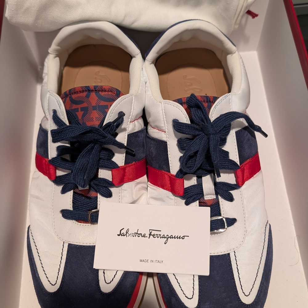 Salvatore Ferragamo White, Blue, and Red Sneakers